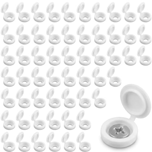 100 Pcs White Screw Caps, Hinged Screw Cover Caps, Snap-On, Hinged, for Furniture, Cabinets, and Wardrobes, Neat Finish