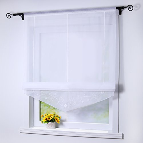 Joyswahl Raffrollo Voile Transparentes Bändchenrollo Lisa mit Tunnelzug Stickerei Gardine BxH 60x140cm Weiß 1er Pack