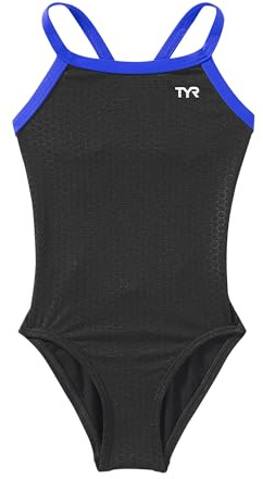 TYR Girls’ Hexa Diamondfit Swimsuit, Black/Blue, 22