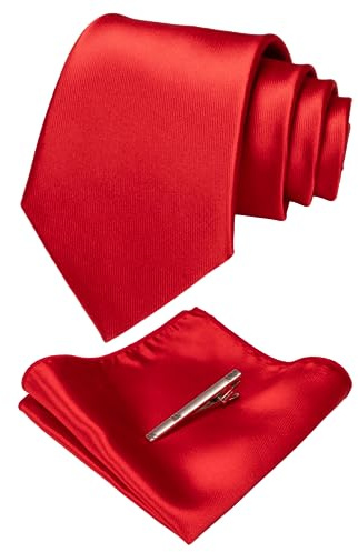 JEMYGINS Einfarbige Krawatte und Einstecktuch mit Krawattenklammer-Sets für Herren, rot, M