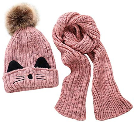 JFAN Cappelli per Bebè Ragazzi - Sciarpa Calda Invernale per Bambini Set Simpatico Berretto con PON PON Lavorato a Maglia Gatto per Bambino 2-8 Anni (Rosa)
