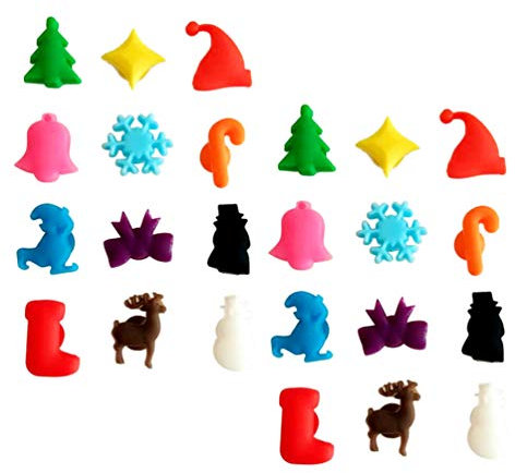 Tomaibaby 24Pcs Christmas Wine Glass Markers Silicone Cocktail Drink Charms Tags Wine Cup Identifiers with Suction Cup for Xmas Hostess Stocking Stuffer (Mixed Color)
