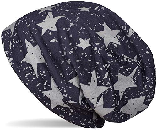 styleBREAKER Unisex Stoff Beanie Mütze mit Sterne Splat Style Print, Leichte Longbeanie mit Farbspitzer Muster 04024185, Farbe:Dunkelblau