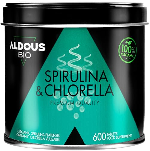 Bio Spirulina + Chlorella Tabletten für 100 Tage - 600 Tabletten - 3000mg pro Tagesdosis - Vegan - Sättigend - DETOX - Veganes Protein - Keine Zusatzstoffe - Offiziell Bio-Zertifiziert - ALDOUS
