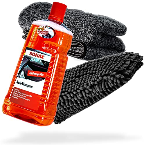 detailmate Auto Wasch- und Trockenset: SONAX Autoshampoo 2L + Chenille Waschhandschuh + Trockentuch 1000 GSM - Für die ideale Autowäsche