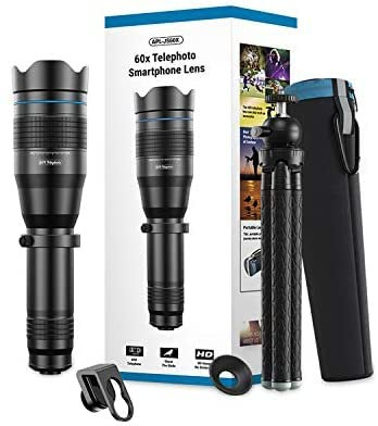 Yidoblo Teleobjetivo de telescopio de metal HD 60X opcional lente móvil monocular + trípode extensible compatible con iPhone Huawei todos los teléfonos inteligentes, con control remoto Bluetooth