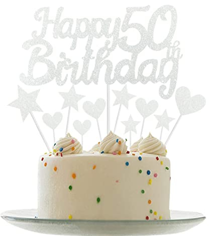 Personalised Happy 50th Birthday Cake Toppers Silver Cake Decorations for Men,Women,Him,Her 50th Birthday Cake Cupcake Topper, Glitter Cakes Decoration for 50 Birthday Anniversary Party Supplies