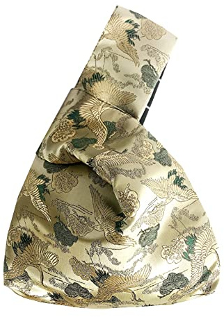 MA-CLO-BAG0034 - Borsa da polso con motivo kimono giapponese, in stile damascato, color oro, con nodo, borsa portatile da donna (gru), M, MA-CLO-BAG0034, Oro, M