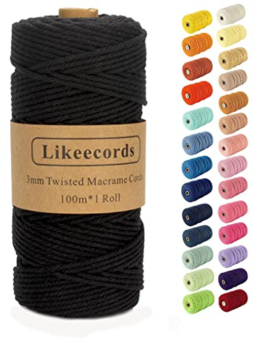 Likeecords Makramee-Schnur, 3 mm x 110 Yards, farbiges Makramee-Seil, Baumwollseil, Makramee-Garn, Bunte Baumwollschnur, zum Aufhängen von Pflanzen, zum Basteln, Stricken(schwarz)