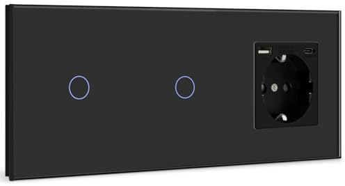 BSEED Doble Interruptor táctilr con Enchufe USB,Schuko Enchufe con 1 Puerto Tipo C y 1 Puertos USB,1 Gang 1 Vía Interruptor de Luz con indicador LED,Negro Enchufe de pared para Smartphone,Tableta