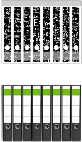 Wallario 8 Stück schmale Ordner inkl. Klebeetiketten mit Motiv Mathematische Formeln Relativitätstheorie - Set mit Rückenschildern/Ordnerrücken Stickern