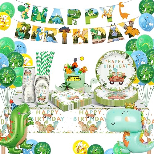 YIMAKJ Dinosaurier Geburtstag Geschirr Set, Partygeschirr Set Pappteller Kindergeburtstag, Dino Geburtstag Deko, Pappteller Tassen Servietten für Party Kindergeburtstag Deko Junge Mädchen 16 Gäste