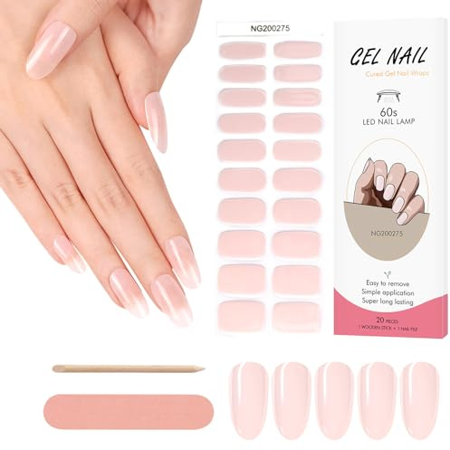 Kalolary 20PCS Gel Nagellack Aufkleber, Nagelsticker Full Wraps Nagelaufkleber UV/LED Lampe Erforderlich Cured Gel Nail Strips mit Nagelfeile und Stick für Frauen Mädchen (Nackt rosa)