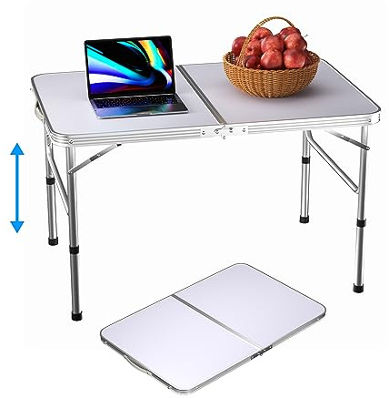 Mesa plegable de 90 cm con altura ajustable, rectangular, mesa de camping con asa para juego de mesa, interior y exterior, portátil, ligera y blanca