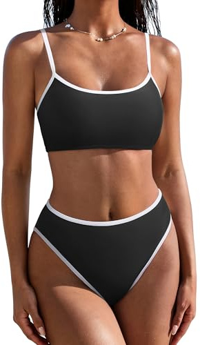 SUUKSESS Women High Waisted Two Piece Bikini Sets Cheeky High Cut Bandeau Swimsuits Push Up Bathing Suit(Black and White,M)