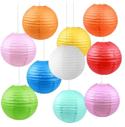 10 Pezzi Lanterne di Carta Colorata, 30cm / 12 Lanterne Cinesi Rotonde, Paper Lanterns Paralumi da Appendere Pieghevole per Matrimonio Compleanni Baby Shower Feste Casa Decorazione