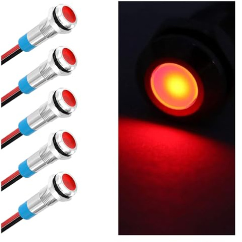 5PCS 6MM 1/4 LED Indicator Light, AC/DC 12-24V Waterproof IP66 Metal Signal Lamp, Metal Indicator with 145mm Wire, Automotive LED Indicator Light for Cars Trucks Boats (Red)
