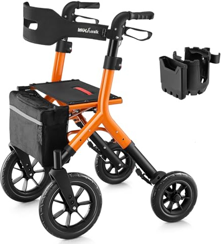 MAXWALK Rollator Walker with Seat, Tall Walkers for Seniors, 12 Big Rubber Wheels All Terrain Rollator Walker with Backrest, Built-in Cable, Foldable and Dual Adjustable Height for 5.3-7ft, Orange