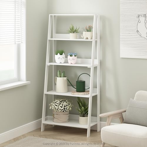 Furinno Ladder Display Shelf, 5-Tier Ladder Shelf, Ladder Bookshelf, Display Storage Shelves, 13 x 23.6 x 53.5, for Living Room, Home Office, White