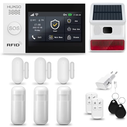 HUXGO® HXA007 Alarmanlage Haus WiFi + GSM 4G mit Solar Funk Sirene | Alarmanlage Wohnung mit App. TUYA | Alarm System mit 3X Bewegungsmelder, 3X Tür- Fenstersensor