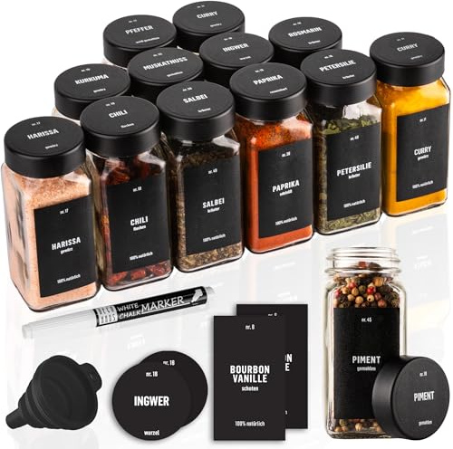Deco Haus® Kryddburkar Fyrkantiga Lufttäta 12-set [inkl. Etiketter & Ströinsats] - Kryddkärl Set i Glas - Kryddbehållare Spice Jars - Kryddförvaring - Behållare för Kryddor - Kryddförvaring