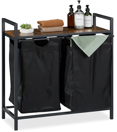 Relaxdays Cesto Ropa Sucia con Balda, 72 x 73 x 33 cm, 2 Sacos Extraíbles, Diseño Industrial, Cubo Colada, Negro/Marrón, Acero