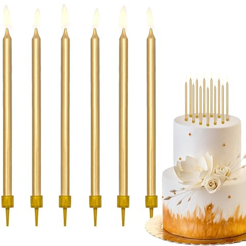 Decoraparty Juego de 12 velas doradas finas, largas, elegantes con soporte de base de plástico para tarta de cumpleaños, aniversario, fiesta – Altura 12,5 cm