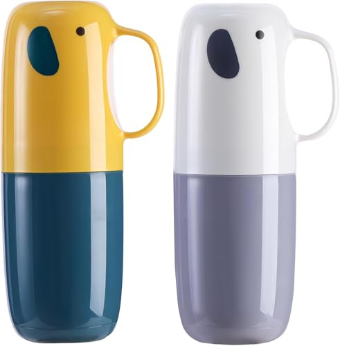 Amexo 2 Pièces Etui à Brosse à Dents de Voyage avec Poignée Gobelet à Brosse à Dents en Forme de Éléphant pour Enfants Porte-Brosse à Dents Portable pour Famille Camping Voyages (Gris + Jaune)