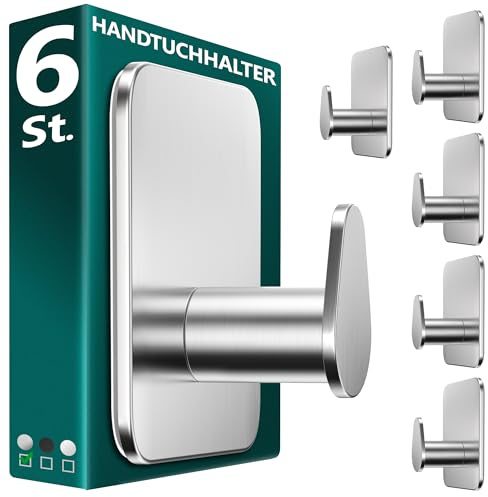 Menz Handtuchhalter ohne Bohren aus Edelstahl, 6 Stück, Silber | Robuste Badezimmer Handtuchhalter, ovale Klebehaken, Haken fürs Bad, Haken selbstklebend, ideal als funktionale Handtuchhaken