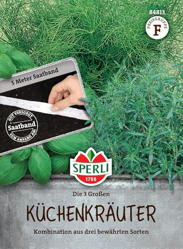 Sperli Küchenkräutersamen Die 3 Großen, Saatband 84813 - Kräutersamen-Mischung mit Basilikum, Dill & Bohnenkraut mit Inhalt für 5 laufende Meter und langer Erntezeit