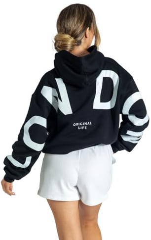 London huvtröjor för kvinnor UK överdimensionerade tröjor damer huva bokstavstryck pullover huvtröja kvinnor med ficka, Svart, XXL