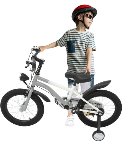 XUEMANSHOP Kinderfahrrad 16 Zoll, Kids Bike mit LED Lampe und Stützrädern, Verstellbarer Lenker und Sitz, für Jungen Mädchen im Alter von 5-8 Jahren (Grau)