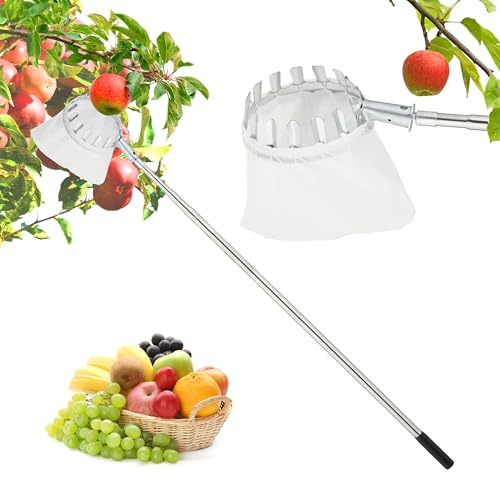 Relaxdays Recogedor Fruta, 4m, Mango Telescópico, Recolector Manzanas, Cerezas, Ciruelas, Bolsa, Acero Inoxidable, Plata