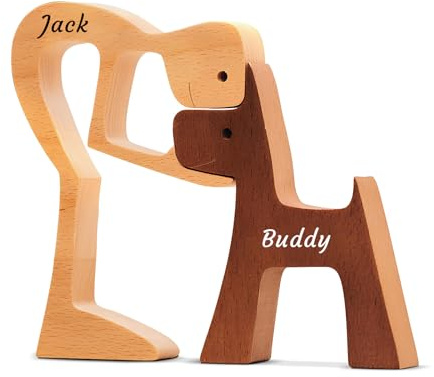 XSTZR Personalisiertes handgefertigtes Holzgeschenk für Hundeliebhaber - Mann und Hund Schnitzfigur, Haustierskulptur für Zuhause, Bürodekoration, Haustier-Gedenkstatue (Stil 1)