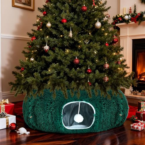 SilTriangle Katzentunnel, Weihnachtsbaumrock, groß, weiches Plüsch-Tunnelbett unter dem Weihnachtsbaum für Innenkatzen, 91,4 cm, kreisförmiges Donut-Rohrbett mit zentraler Matte für Katzen, Welpen