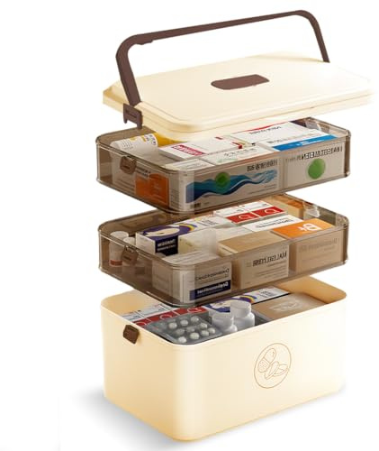 Peelanmall 3-Etagen Medikamenten Aufbewahrung,30x16.5x24 cm Medikamentenbox,Tragbarer Griff,Apothekerschrank,Medikamenten Organizer Hausapotheke Organizer mit Unterteilungen (Kaffeefarben)