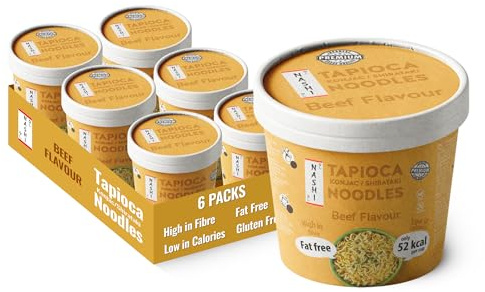 Nashi Tapioca Konjac Shirataki Nudeln in Cup (Rindfleisch, 6 x 150 g) – 100% pflanzlich, kalorienarm – nur 52 kcal, reich an Ballaststoffen, glutenfrei und fettfrei, Pront