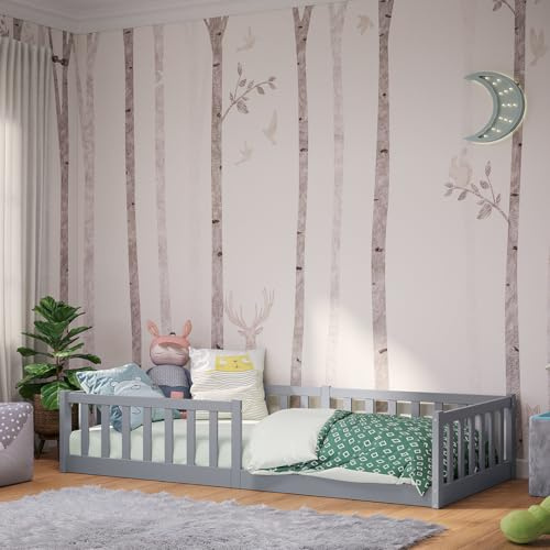 Bellabino Vere Bodenbett 90x200cm, Massivholz Kiefer, Bett in Hellgrau | Montessori Kinderbett mit Rausfallschutz & Lattenrost, Massivholzbett für Jungen & Mädchen aus Holz Kiefer, Kleinkindbett