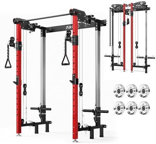 Mikolo Folding Squat Rack, Wall Mounted Power Rack with Cable Crossover Machine & LAT Pull Down, Functional Trainer with 5 Adjustable Function Modes, with 18 Pack Aluminum Pulleys (Red)