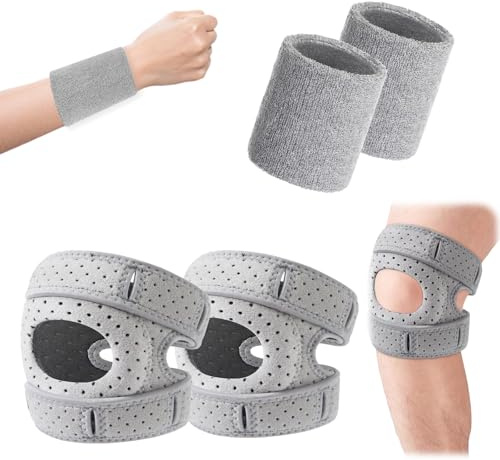 Uoxmiy 2 Pack Knee Strap with 2 Pack Wrist Supports, Adjustable Patella Tendon Knee Strap, Patella Knee Support for a Variety of Fitness Activities (Gray)