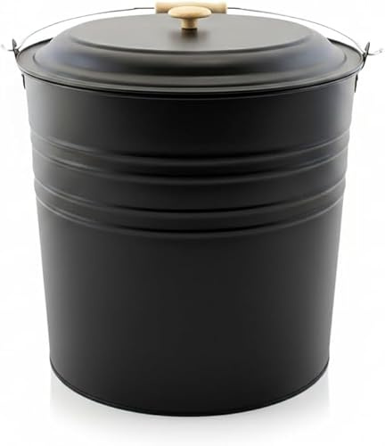 Metal Ash Bucket and Wooden Handle – 12L Black Iron Fireplace Ash Container, Heat-Resistant Coal & Log Storage Bucket for Fire Pit, Wood Burning Stove & Fireplace Cleaning