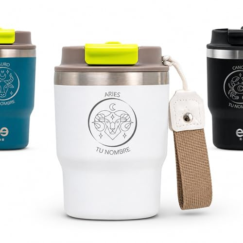 ecoroots PERSONALIZADO HORÓSCOPOS - Vaso Térmico | Termo de Café Antigoteo con Tu Nombre GRATIS + Horóscopo | Taza para Llevar Acero Inox. Sin BPA | Frío y Calor (360 Ml Evergreen Lifestyle)