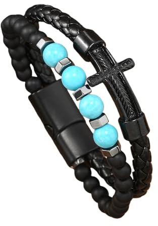 HUIANGLIYG Ein Liebevolles Geschenk für Papa: Schwarzes, Geflochtenes Lederarmband mit Kreuzmuster, Natursteinperlen und Vintage Magnetverschluss – Ein Christliches Schmuckstück für Väter und E