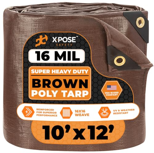 10' x 12' Super Heavy Duty 16 Mil Brown Poly Tarp Cover - Thick Waterproof, UV Resistant, Rip and Tear Proof Tarpaulin with Grommets and Reinforced Edges - by Xpose Safety