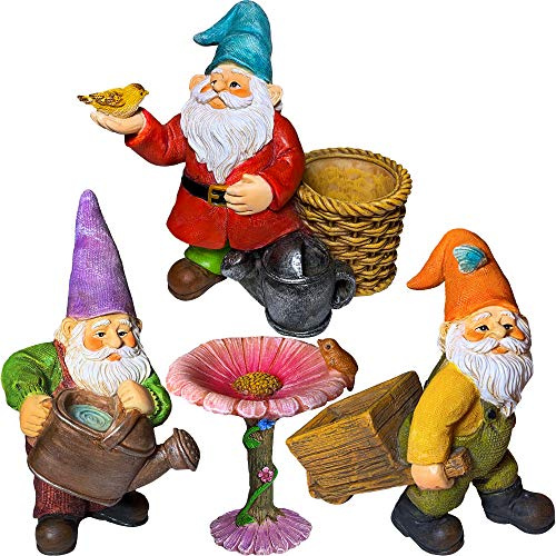 Mood Lab Miniatur-Gartenzwerge, Set mit 4 Stück, 8,9 cm Höhe, Gartenzwerg-Figuren und Zubehör-Set – Outdoor- oder Hausdekoration