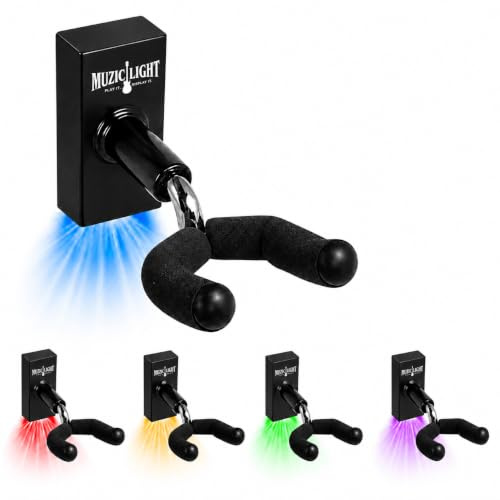 MuzicLight 5 Color LED Guitar Wall Mount – 200 Hour Battery Life Hanger that Turns Any Guitar Into Wall Art, Hidden Hardware, Holds 35 lbs Light Up Bracket & Gift for Guitarists