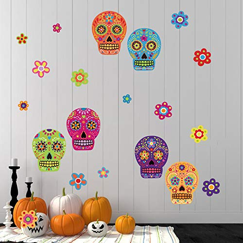 ufengke Wandtattoo Bunte Totenkopf Blume Wandsticker Wandaufkleber Tag der Toten DIY für Party Dekoration Kinderzimmer