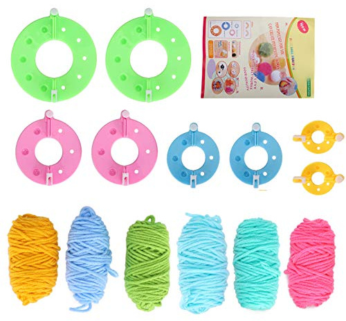 Pompom Maker Kits, 8 Stück Fluff Ball in 4 Größen, 6 Farben Wollgarn Strickhandwerk, DIY Wollstrickhandwerkzeug