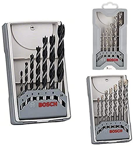 Bosch Professional 7 tlg. Robust Line Holzspiralbohrer Set + 7tlg. Mini X-Line Metallbohrer Set (Metall, HSS-G, geschliffen, Zubehör Bohrschrauber) + 7tlg. Betonbohrer Set CYL-3
