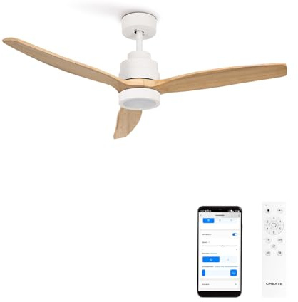 CREATE / WINDSTYLANCE NATURAL WOOD/Ventilateur de plafond avec lumière, Wifi et télécommande, blanc pales en bois naturel / 40W, Silencieux, Ø132 cm, 6 vitesses, minuterie, été-hiver, double hauteur